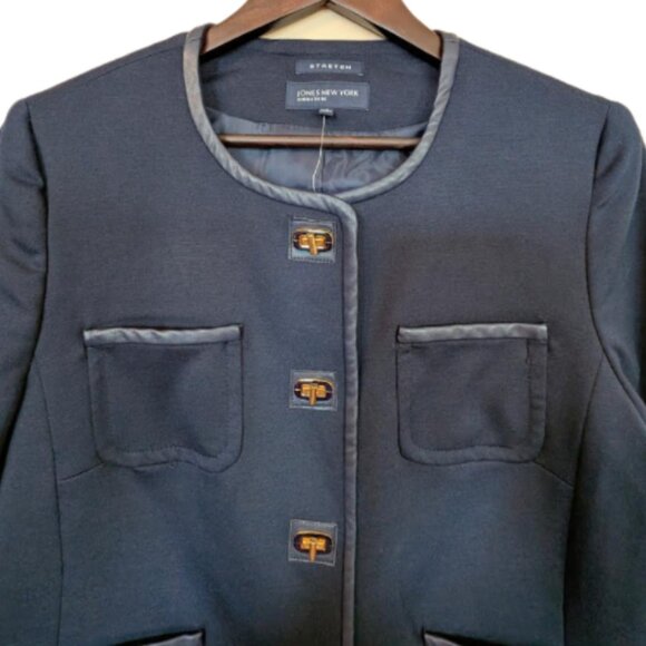 NWT Jones New York Swiss Navy Blazer 4-Pocket Jacket with Vegan Leather Piping - Picture 2 of 5